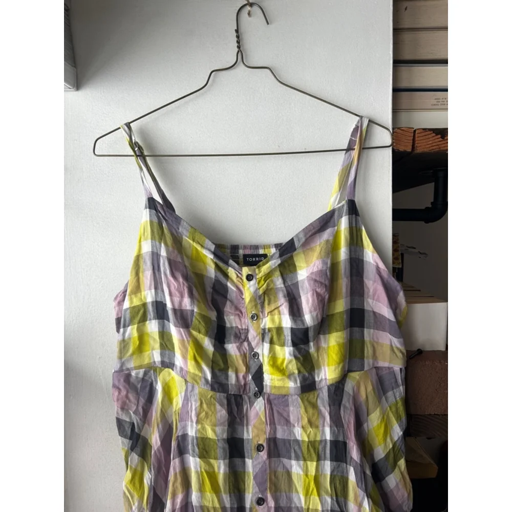 Torrid Plaid Challis Button Front Midi Dress Size 3 Yellow Purple - Picture 5 of 7